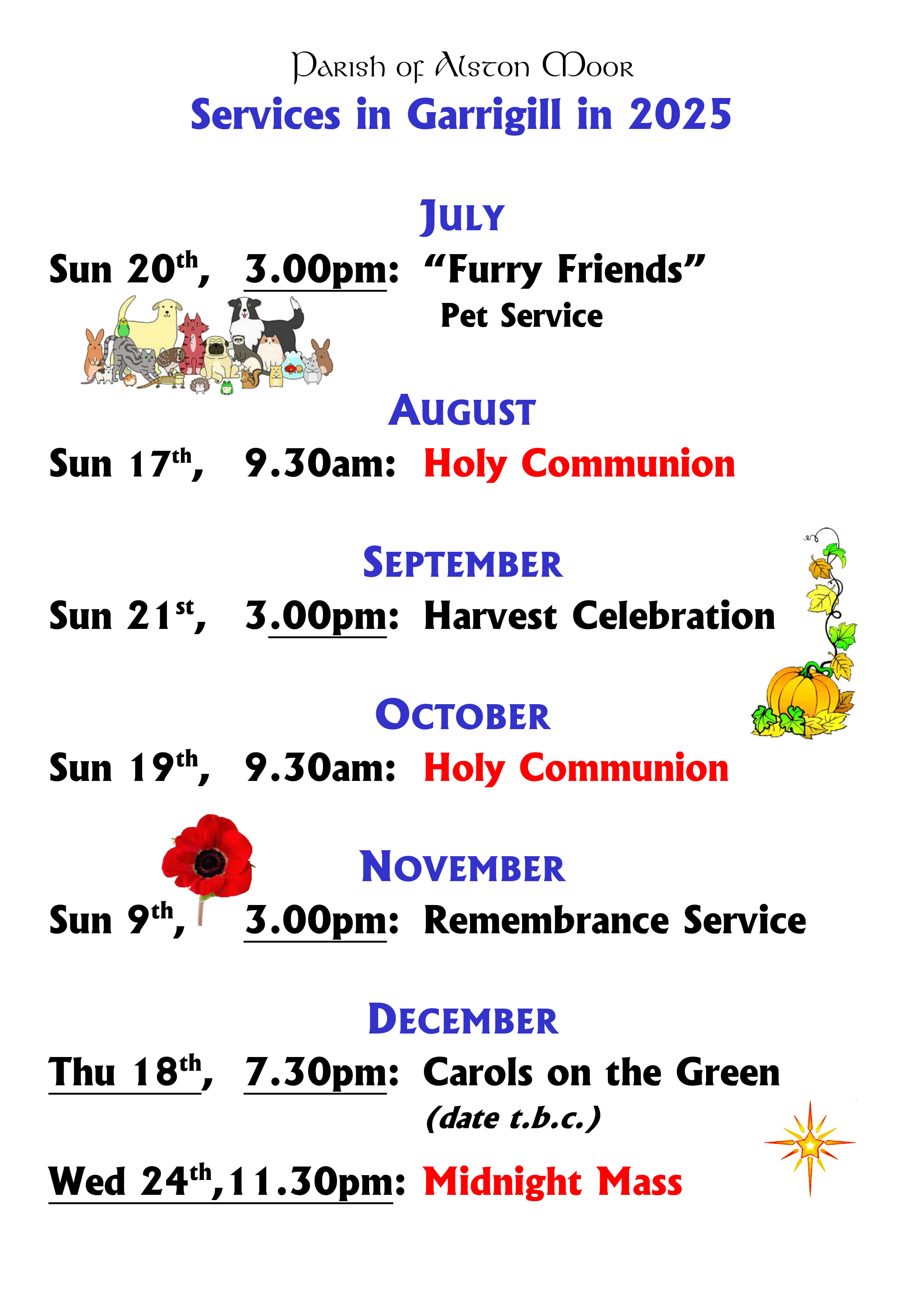 Dates and times of services in Garrigill in 2025 - mostly third Sunday in the month, 9.30am or 3pm